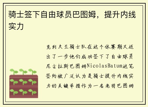 骑士签下自由球员巴图姆，提升内线实力